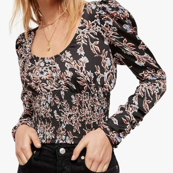 Free People Womens Santiago Print Smocked Boho Cropped Bouse Size Large - Picture 1 of 12